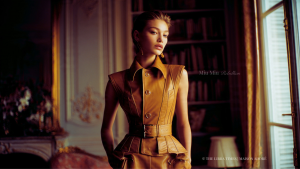 Gigi Hadid in Miu Miu Spring 2026 campaign, standing in a Parisian apartment, wearing structured tan leather look, soft natural window light